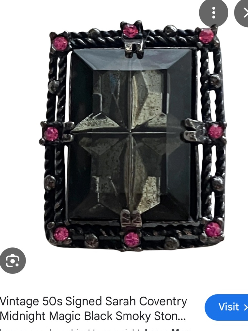 Sarah Coventry Black Smoky Rectangular Glass Ring with Pink Accents